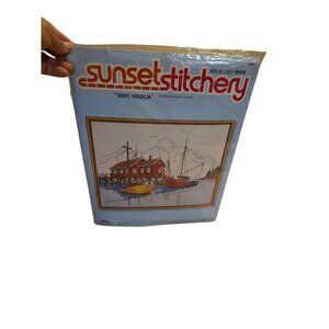 VTG Sunset Stichery Safe Harbor Sailing Scene Needlepoint Embroidery Kit New